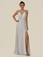 KissDress-Caris Silver A Line Chiffon Halter Neck Pleated Long Bridesmaid Dress with Slit