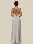 KissDress-Caris Silver A Line Chiffon Halter Neck Pleated Long Bridesmaid Dress with Slit