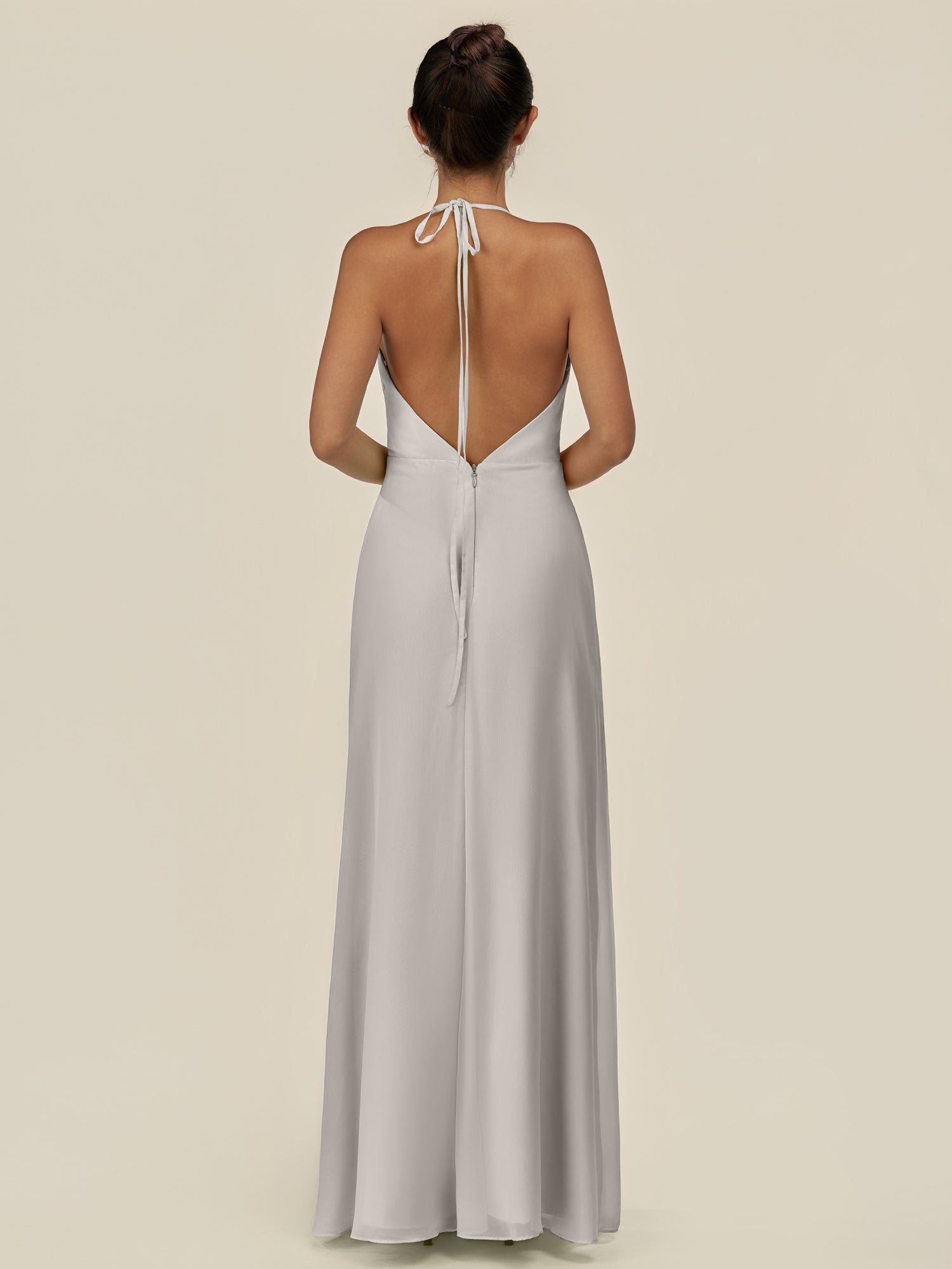 KissDress-Caris Silver A Line Chiffon Halter Neck Pleated Long Bridesmaid Dress with Slit
