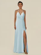 KissDress-Caris Sky Blue A Line Chiffon Halter Neck Pleated Long Bridesmaid Dress with Slit