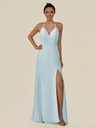 KissDress-Caris Sky Blue A Line Chiffon Halter Neck Pleated Long Bridesmaid Dress with Slit