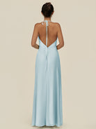 KissDress-Caris Sky Blue A Line Chiffon Halter Neck Pleated Long Bridesmaid Dress with Slit