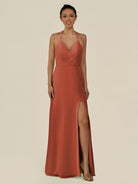 KissDress-Caris Spice A Line Chiffon Halter Neck Pleated Long Bridesmaid Dress with Slit