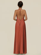 KissDress-Caris Spice A Line Chiffon Halter Neck Pleated Long Bridesmaid Dress with Slit