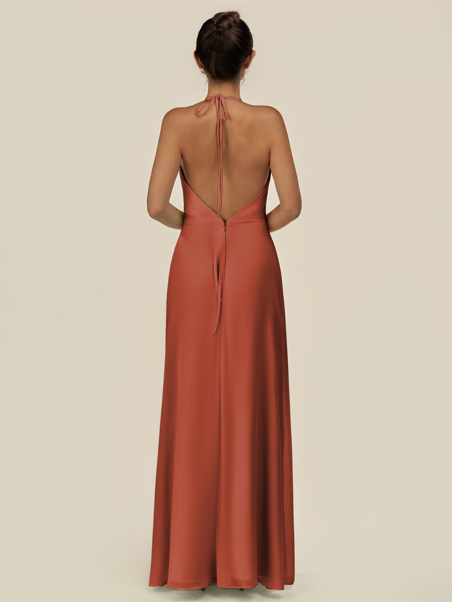 KissDress-Caris Spice A Line Chiffon Halter Neck Pleated Long Bridesmaid Dress with Slit