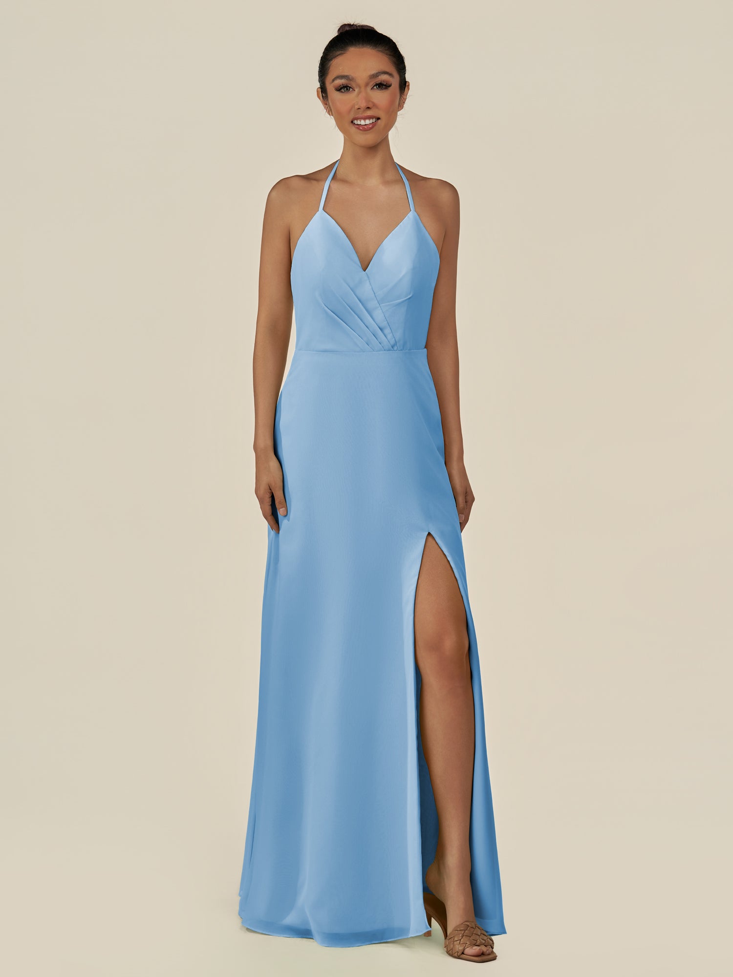 KissDress-Caris Steel Blue A Line Chiffon Halter Neck Pleated Long Bridesmaid Dress with Slit