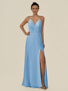 KissDress-Caris Steel Blue A Line Chiffon Halter Neck Pleated Long Bridesmaid Dress with Slit