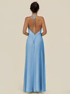 KissDress-Caris Steel Blue A Line Chiffon Halter Neck Pleated Long Bridesmaid Dress with Slit