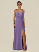 KissDress-Caris Tahiti A Line Chiffon Halter Neck Pleated Long Bridesmaid Dress with Slit