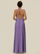 KissDress-Caris Tahiti A Line Chiffon Halter Neck Pleated Long Bridesmaid Dress with Slit