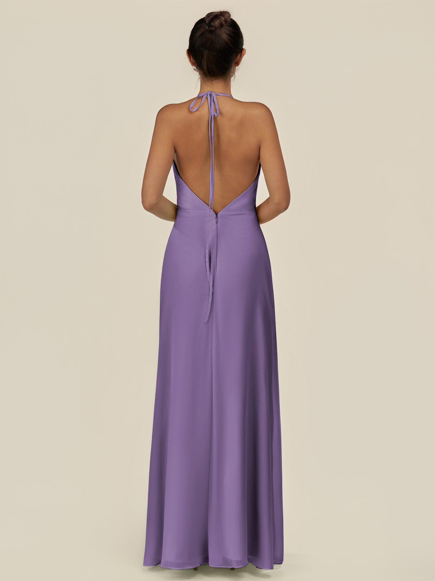 KissDress-Caris Tahiti A Line Chiffon Halter Neck Pleated Long Bridesmaid Dress with Slit