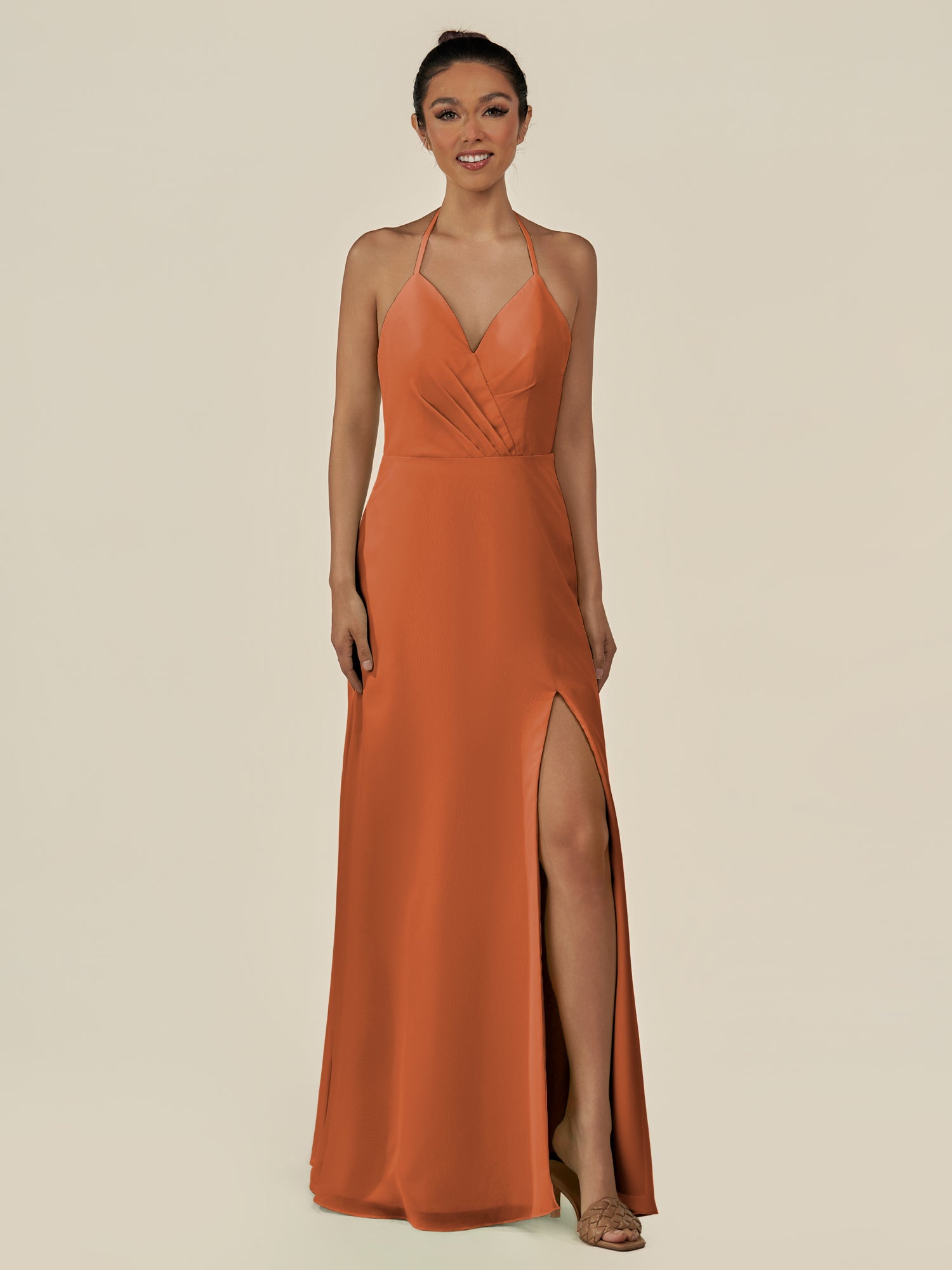 KissDress-Caris Terracotta A Line Chiffon Halter Neck Pleated Long Bridesmaid Dress with Slit