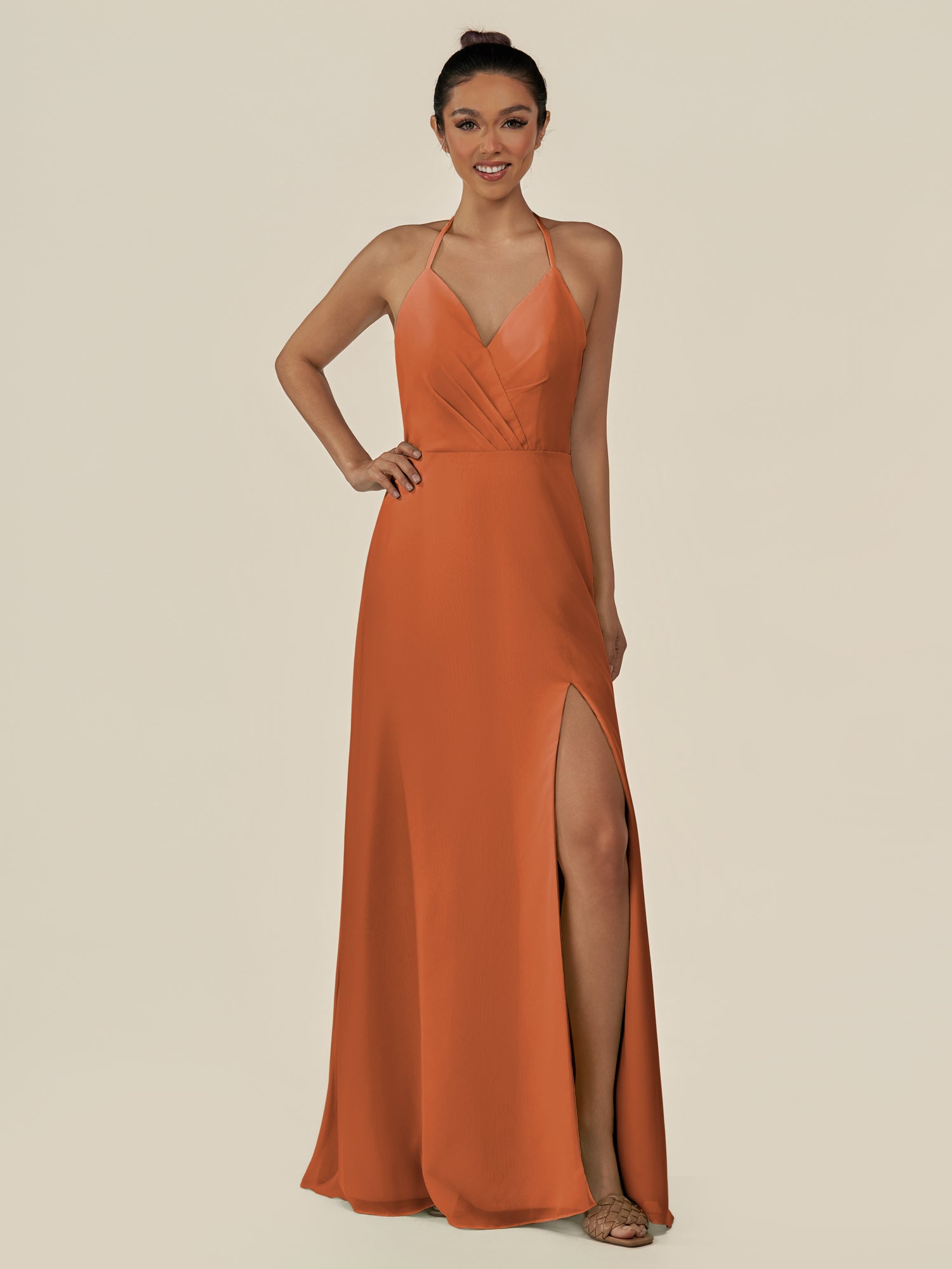 KissDress-Caris Terracotta A Line Chiffon Halter Neck Pleated Long Bridesmaid Dress with Slit