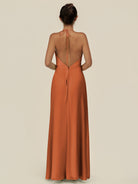 KissDress-Caris Terracotta A Line Chiffon Halter Neck Pleated Long Bridesmaid Dress with Slit
