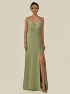 KissDress-Caris Thyme A Line Chiffon Halter Neck Pleated Long Bridesmaid Dress with Slit