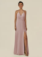 KissDress-Caris Toffee A Line Chiffon Halter Neck Pleated Long Bridesmaid Dress with Slit