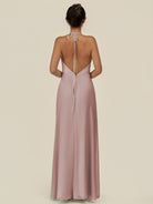 KissDress-Caris Toffee A Line Chiffon Halter Neck Pleated Long Bridesmaid Dress with Slit