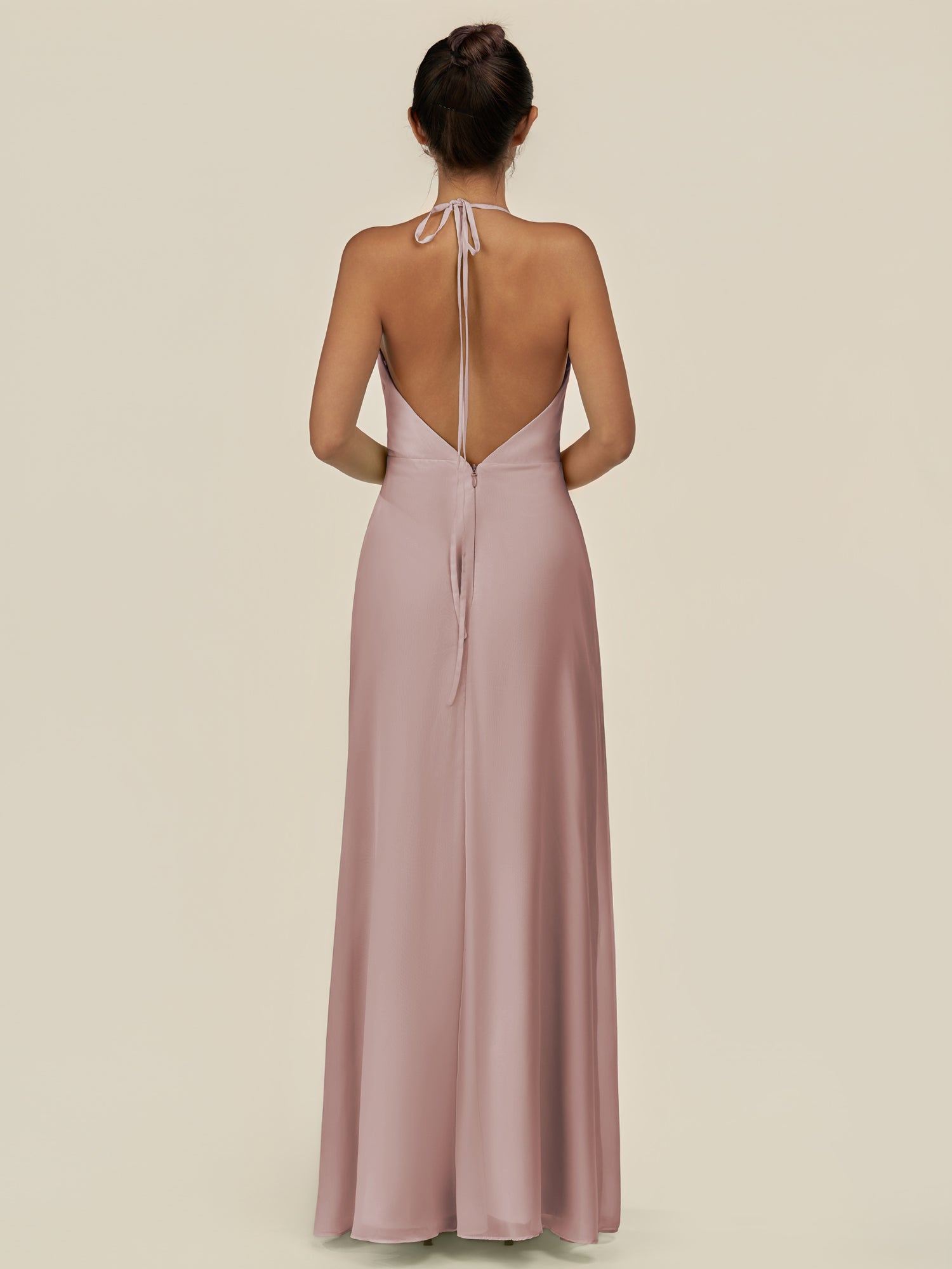 KissDress-Caris Toffee A Line Chiffon Halter Neck Pleated Long Bridesmaid Dress with Slit