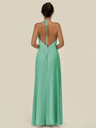 KissDress-Caris Turquoise A Line Chiffon Halter Neck Pleated Long Bridesmaid Dress with Slit