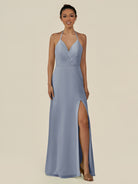 KissDress-Caris Twilight A Line Chiffon Halter Neck Pleated Long Bridesmaid Dress with Slit