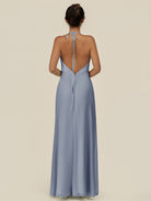 KissDress-Caris Twilight A Line Chiffon Halter Neck Pleated Long Bridesmaid Dress with Slit