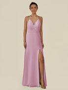 KissDress-Caris Vintage Mauve A Line Chiffon Halter Neck Pleated Long Bridesmaid Dress with Slit