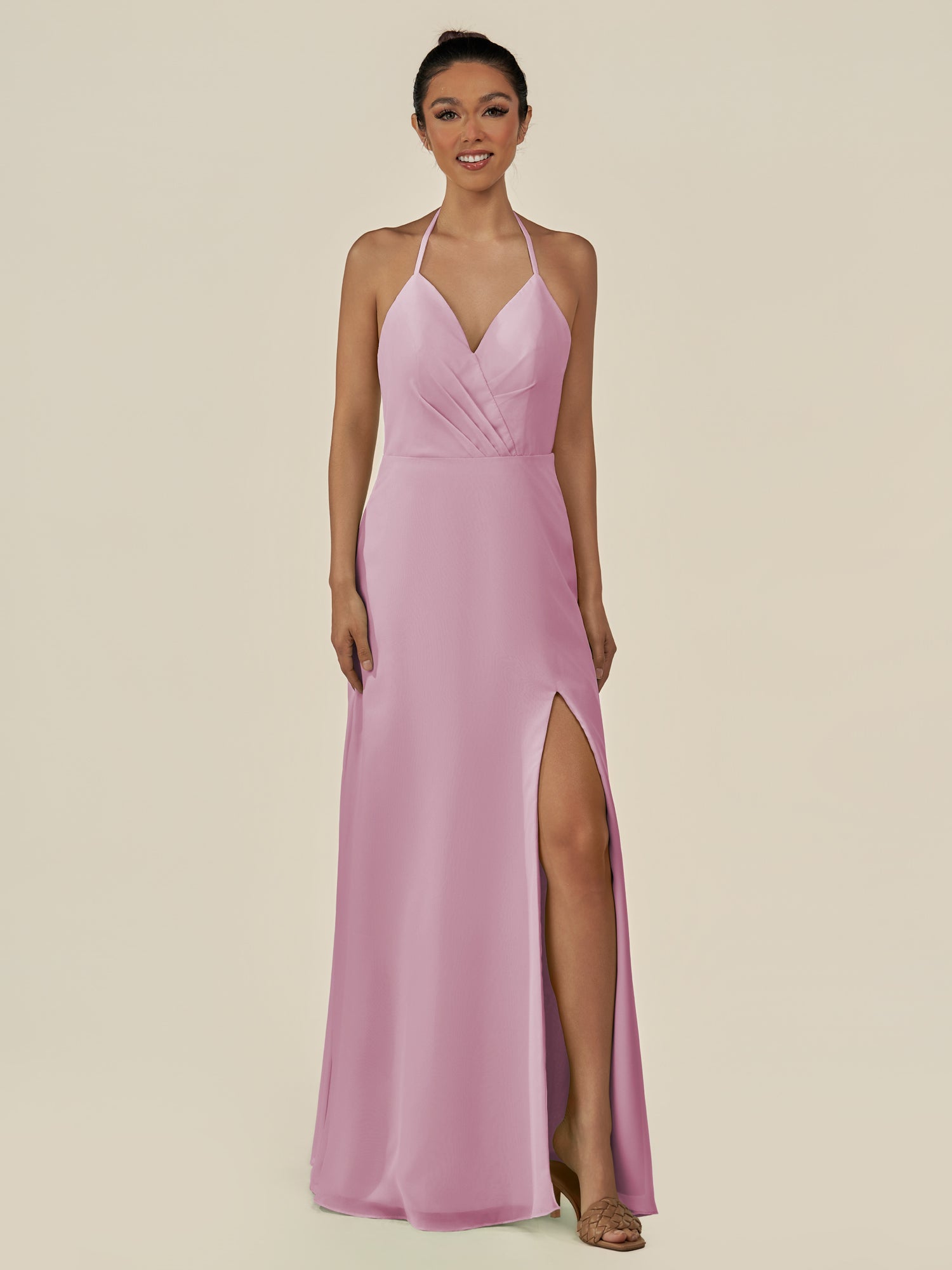 KissDress-Caris Vintage Mauve A Line Chiffon Halter Neck Pleated Long Bridesmaid Dress with Slit