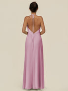 KissDress-Caris Vintage Mauve A Line Chiffon Halter Neck Pleated Long Bridesmaid Dress with Slit