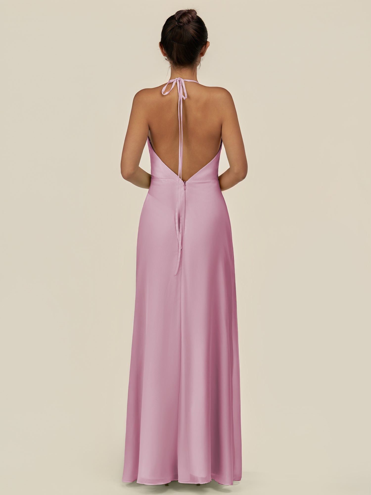 KissDress-Caris Vintage Mauve A Line Chiffon Halter Neck Pleated Long Bridesmaid Dress with Slit