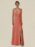KissDress-Caris Wild Rose A Line Chiffon Halter Neck Pleated Long Bridesmaid Dress with Slit
