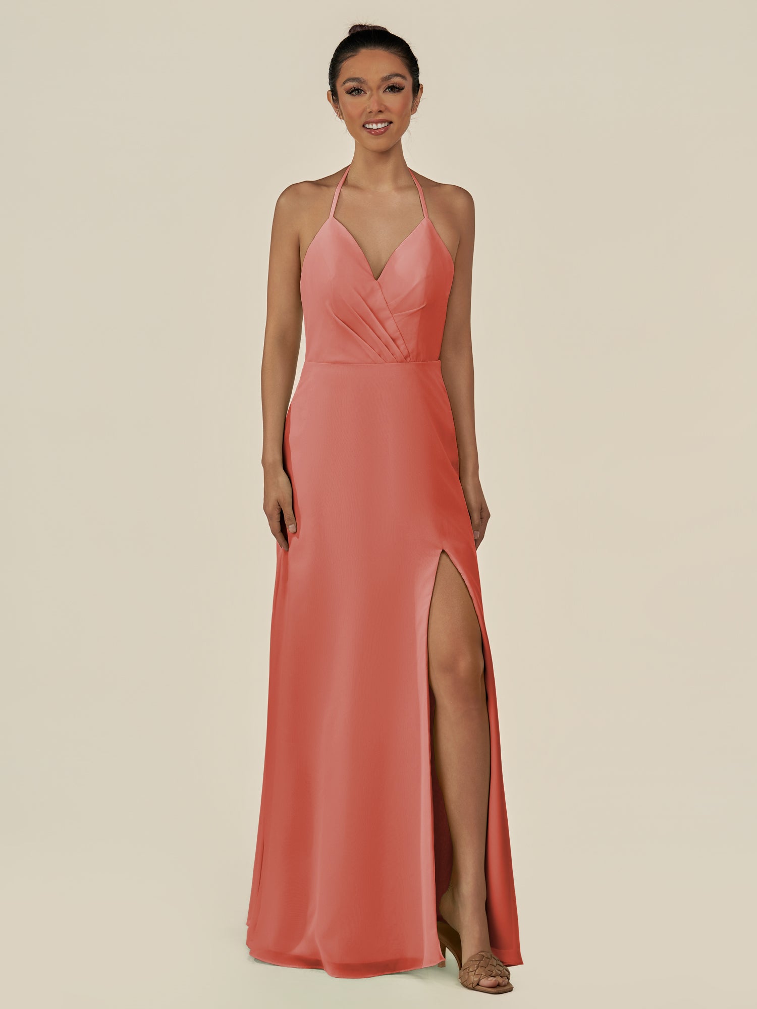 KissDress-Caris Wild Rose A Line Chiffon Halter Neck Pleated Long Bridesmaid Dress with Slit
