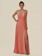KissDress-Caris Wild Rose A Line Chiffon Halter Neck Pleated Long Bridesmaid Dress with Slit