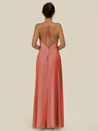 KissDress-Caris Wild Rose A Line Chiffon Halter Neck Pleated Long Bridesmaid Dress with Slit