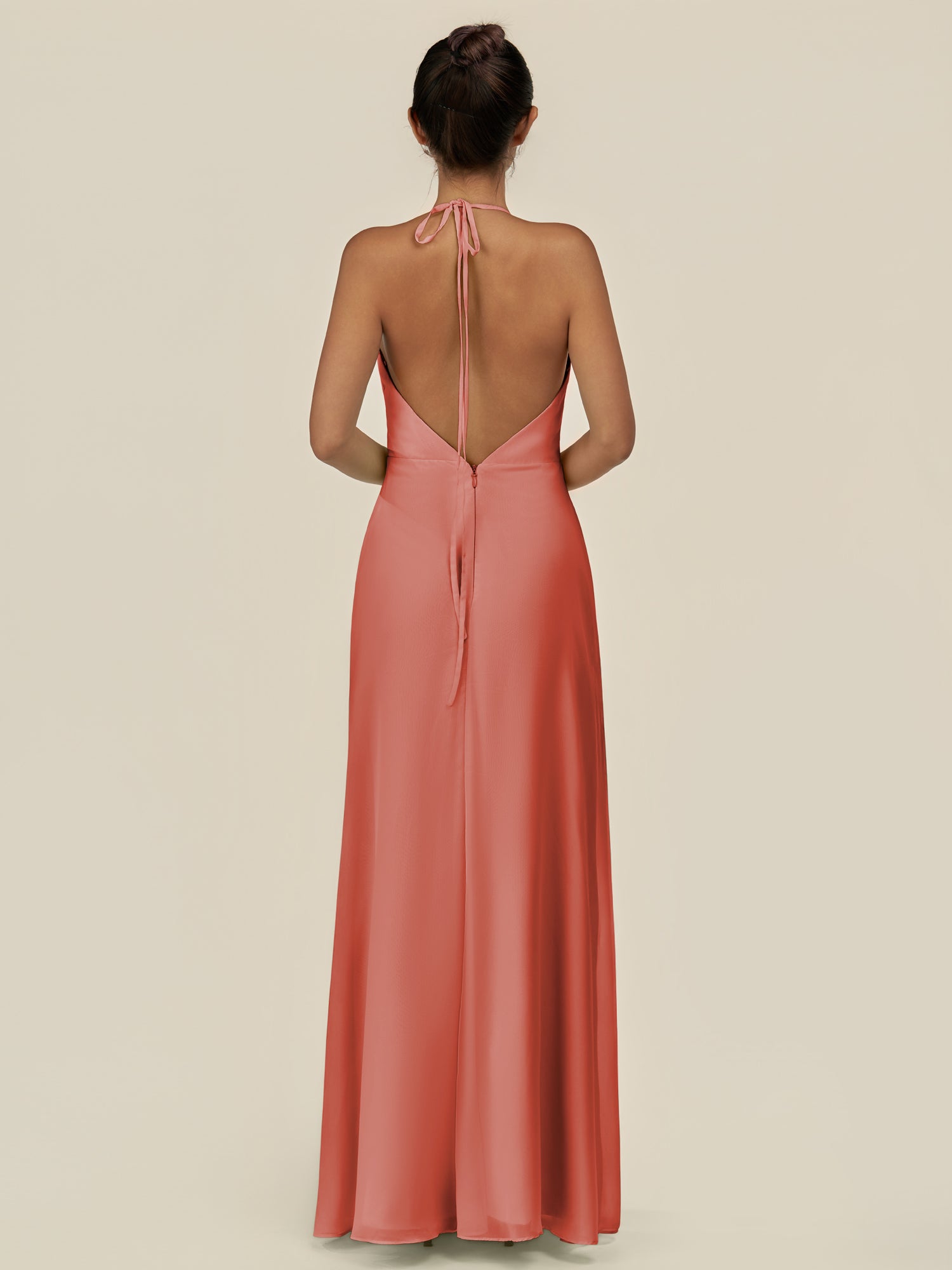 KissDress-Caris Wild Rose A Line Chiffon Halter Neck Pleated Long Bridesmaid Dress with Slit