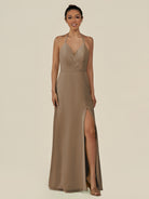 KissDress-Caris Willow Green A Line Chiffon Halter Neck Pleated Long Bridesmaid Dress with Slit