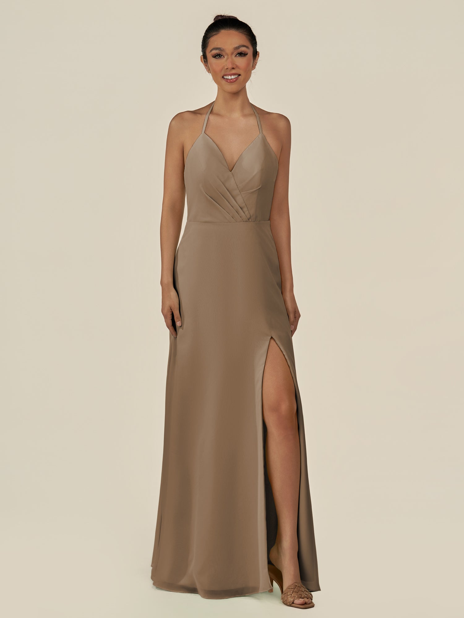 KissDress-Caris Willow Green A Line Chiffon Halter Neck Pleated Long Bridesmaid Dress with Slit