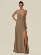 KissDress-Caris Willow Green A Line Chiffon Halter Neck Pleated Long Bridesmaid Dress with Slit