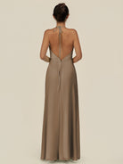 KissDress-Caris Willow Green A Line Chiffon Halter Neck Pleated Long Bridesmaid Dress with Slit