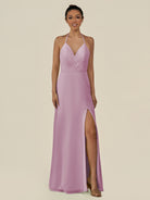KissDress-Caris Wisteria A Line Chiffon Halter Neck Pleated Long Bridesmaid Dress with Slit