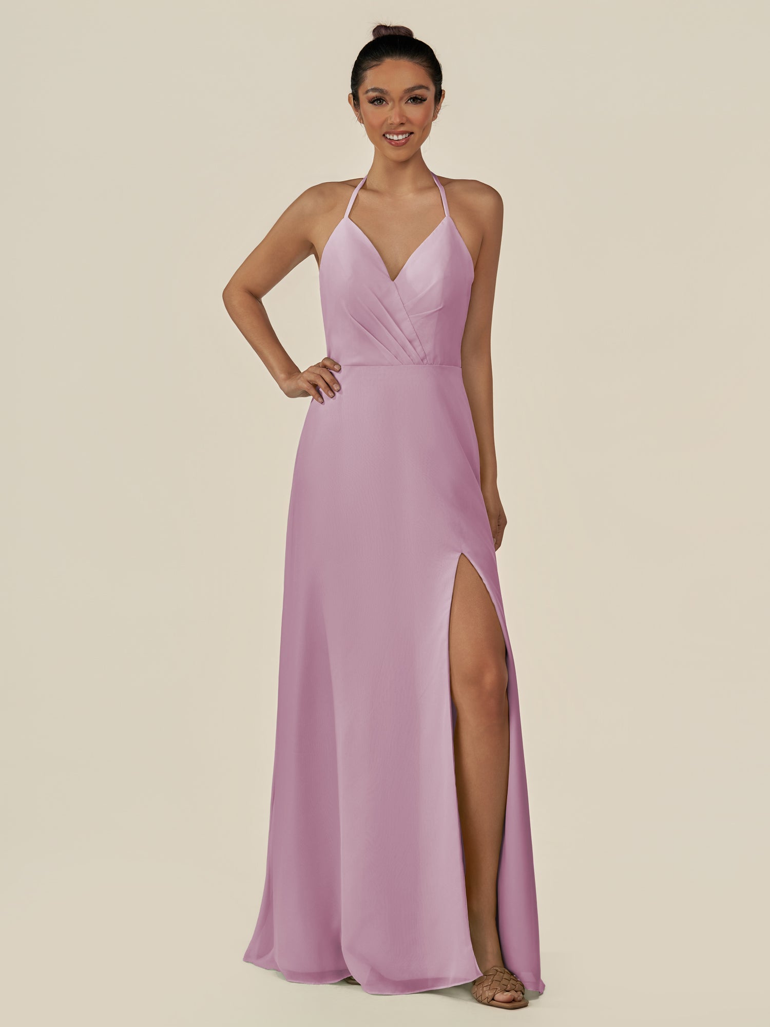 KissDress-Caris Wisteria A Line Chiffon Halter Neck Pleated Long Bridesmaid Dress with Slit