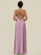 KissDress-Caris Wisteria A Line Chiffon Halter Neck Pleated Long Bridesmaid Dress with Slit