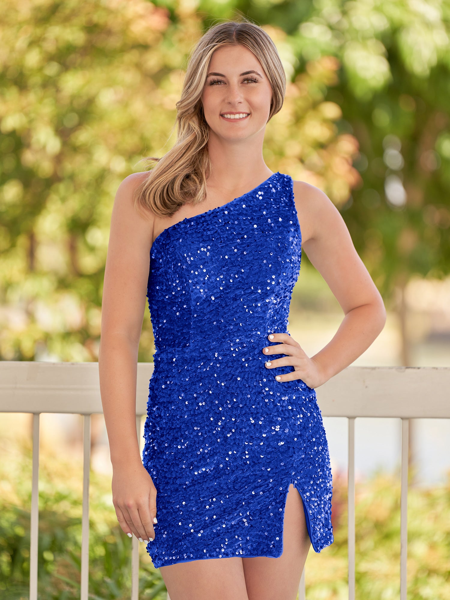 Blue Sheath One Shoulder Sequin Homecoming Dress With Slit