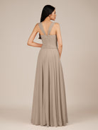 KissDress-Cerelia Almond A Line V Neck Chiffon Long Bridesmaid Dress with Pleats