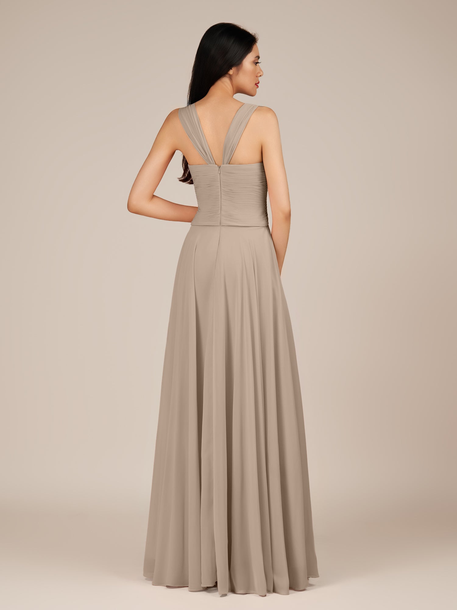 KissDress-Cerelia Almond A Line V Neck Chiffon Long Bridesmaid Dress with Pleats