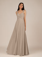 KissDress-Cerelia Almond A Line V Neck Chiffon Long Bridesmaid Dress with Pleats