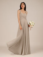 KissDress-Cerelia Almond A Line V Neck Chiffon Long Bridesmaid Dress with Pleats