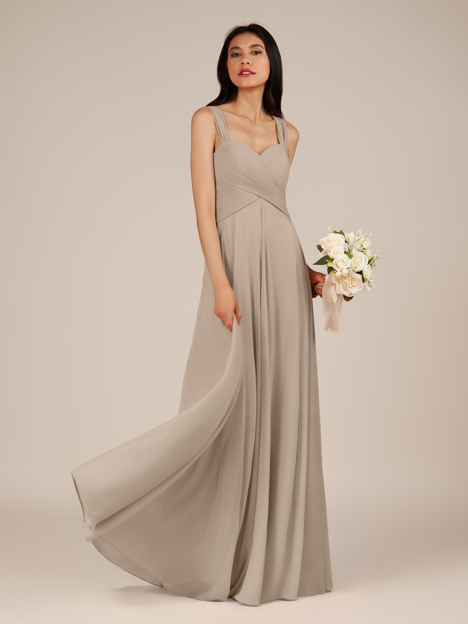 KissDress-Cerelia Almond A Line V Neck Chiffon Long Bridesmaid Dress with Pleats
