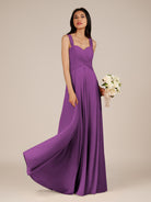 KissDress-Cerelia Amethyst A Line V Neck Chiffon Long Bridesmaid Dress with Pleats