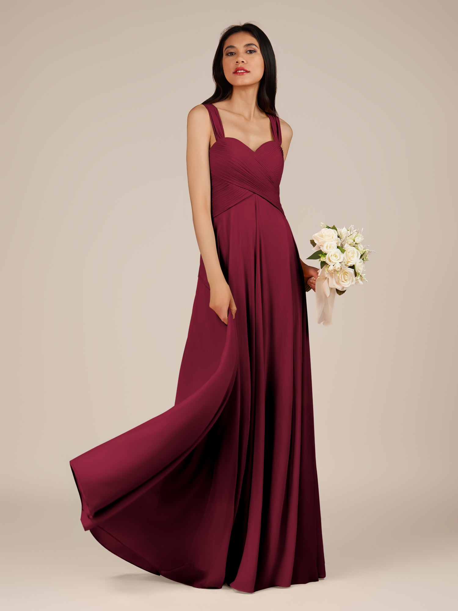 KissDress-Cerelia Berry A Line V Neck Chiffon Long Bridesmaid Dress with Pleats