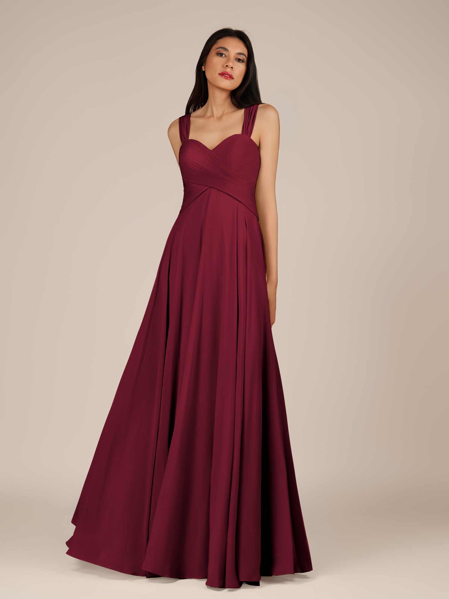 KissDress-Cerelia Berry A Line V Neck Chiffon Long Bridesmaid Dress with Pleats